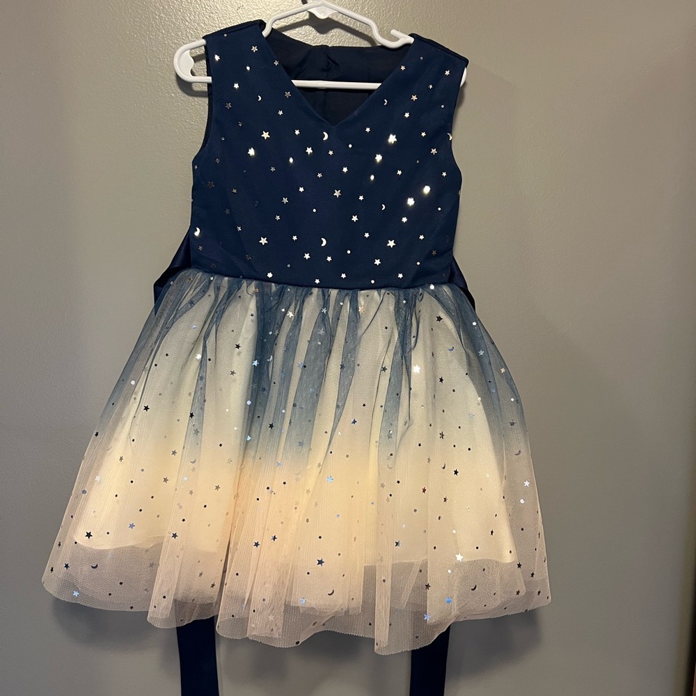 Handmade, girls holiday dress, size 5 Navy and Cream Starry Dress